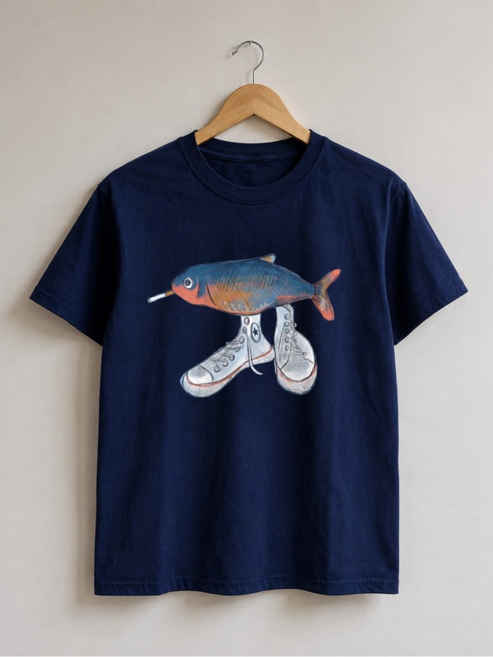 Gildan Navy Graphic Tee with Fish & Sneakers Illustration